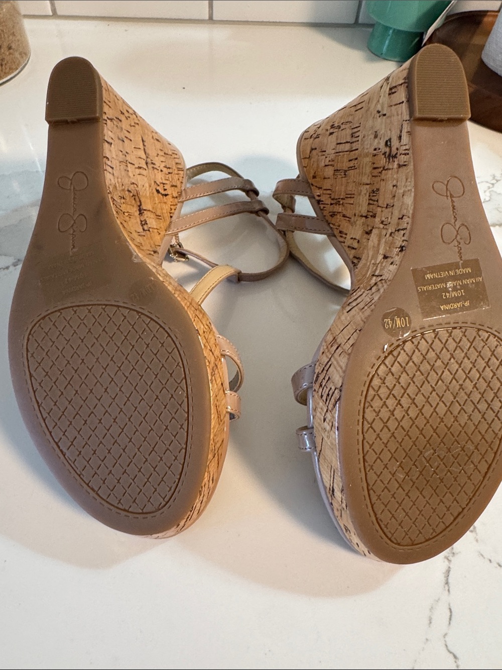 Jessica Simpson Nude Patent T-Strap Cork Wedge Sandals - Picture 3 of 3